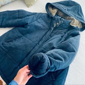 Free People Quilted Sherpa Denim Hooded Coat